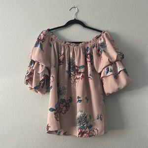 off the shoulder pink floral blouse